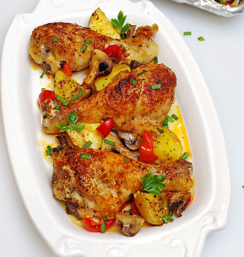 Recipe For One Pan Baked Chicken Drumsticks With Potatoes And Veggies