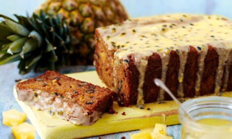 Pineapple and carrot loaf with passion fruit drizzle