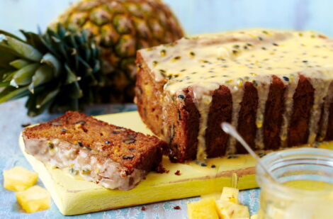 Pineapple and carrot loaf with passion fruit drizzle