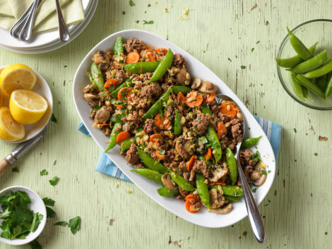 Lemony Beef Barley with Sugar Snap Peas