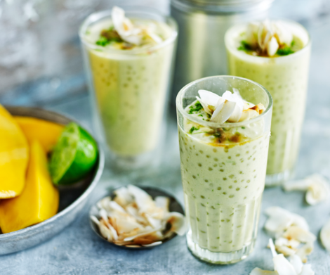 Coconut mango smoothie with tapioca seeds